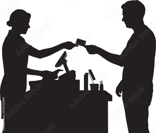 Silhouette of Customer Paying with Card at Store Checkout on Transparent Background