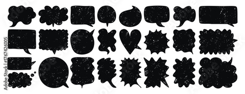 Textured empty speech bubbles template colored set, creative, various shapes, rectangular, round and bubbly. Grunge texture bubbles for text for social media, web design, and posters.