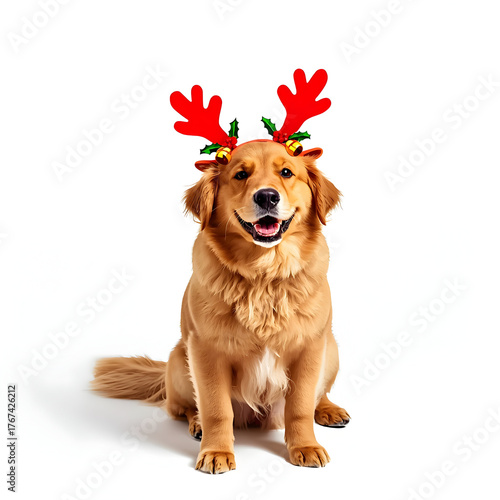 Adorable Golden Retriever Dog Wearing Red Reindeer Antlers with Bells Isolated on White Background 