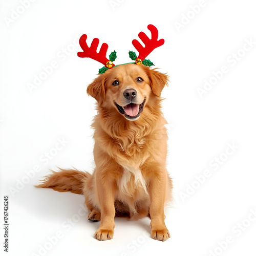 Adorable Golden Retriever Dog Wearing Red Reindeer Antlers with Bells Isolated on White Background 
