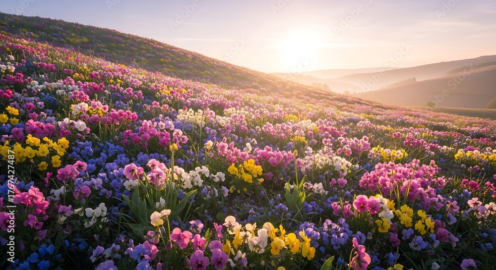 Obraz premium Vibrant Meadow of Wildflowers at Sunrise in the Mountains.