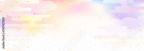 夕空のグラデーションと日本の伝統的な模様を組み合わせた和風背景イラスト