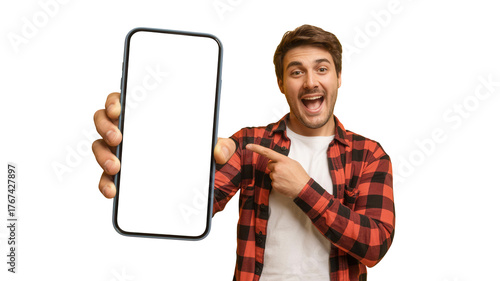 Excited young man wearing a red plaid shirt pointing at a blank black smartphone screen isolated on transparent background