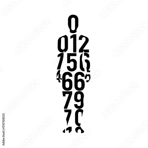 A black silhouette of a generic human figure, filled entirely with large, overlapping numbers from 0 to 10. The numbers are integrated into the shape, creating a textual and abstract representation of