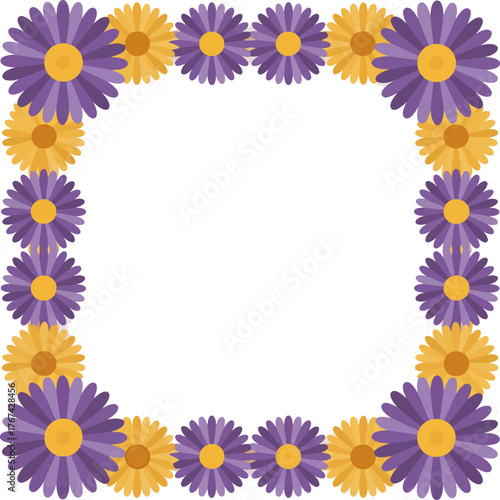 Vibrant purple and yellow floral rectangular frame in clean vector style