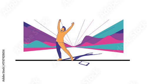 Energetic professional celebrating massive success and breakthrough achievements in a vibrant digital landscape