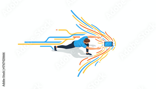 High-Speed Digital Transformation: Man accessing rapid data flow and immersive mobile technology connections, symbolizing efficiency and future growth.