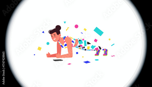 Vibrant graphic of a motivated woman celebrating a successful core strength plank workout, surrounded by energetic confetti.