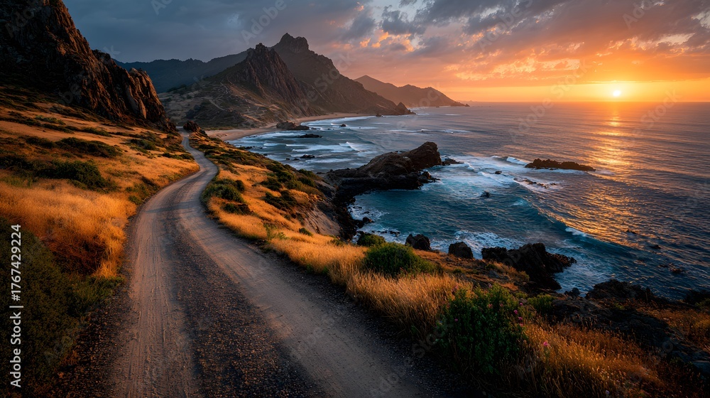 Fototapeta premium Winding gravel road runs through a rugged coastal landscape toward a beautiful sunset. The warm golden light evokes a great sense of adventure and journey.