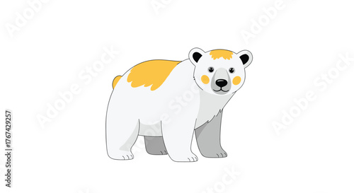Cute cartoon polar bear with yellow markings and rosy cheeks standing against a white background.