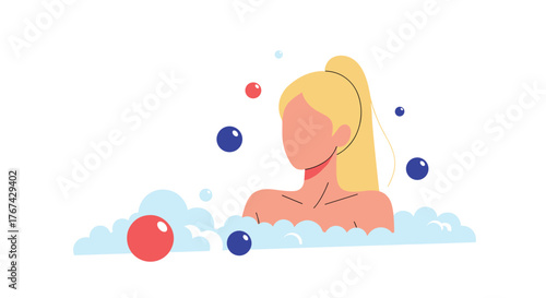 Young woman with blonde ponytail taking a bath with colorful bubbles.