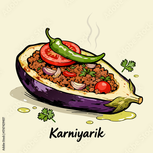 Karnıyarık A Delicious Turkish Stuffed Eggplant Dish with Savory Meat Filling and Fresh Garnishes