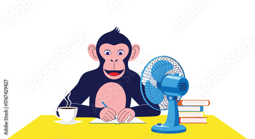 A cartoon monkey sits at a desk, writing in a notebook with a fan and coffee nearby.
