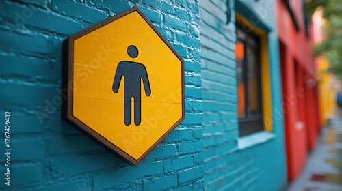 Yellow hexagon men's restroom sign on teal brick wall.