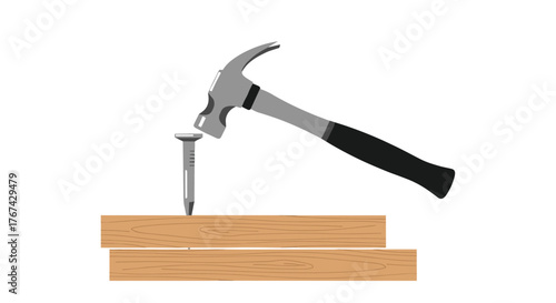 Hammer hitting a nail into two pieces of wood.