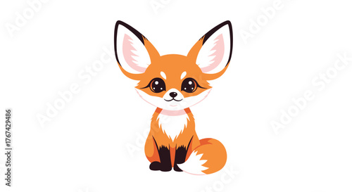 Cute cartoon fox sitting down with large ears and bright eyes.