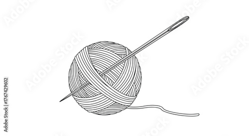 Line art illustration of a ball of yarn with a needle and thread and a spool of thread.