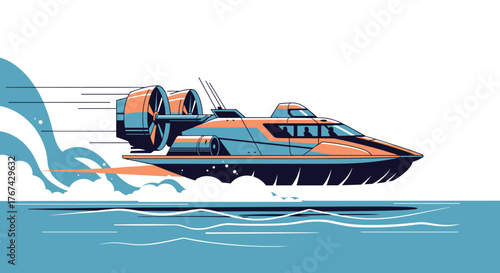 Stylized illustration of a fast-moving hovercraft gliding over blue water with white spray.