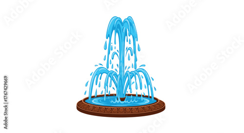 A decorative fountain with multiple streams of blue water spraying upwards and outwards.