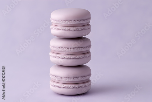Stack of three pastel purple macarons on a matching background, creating a simple and elegant dessert display