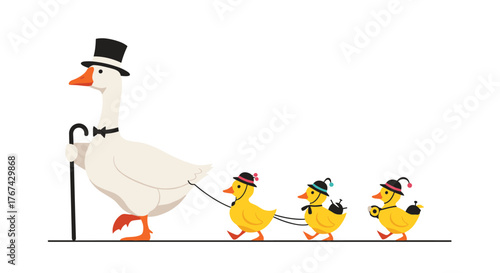 A dapper goose in a top hat walks with a cane, leading three ducklings on a leash.