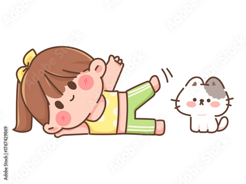 Cute Kawaii Girl Doing Home Workout Exercise with Cat Cartoon Vector Illustration