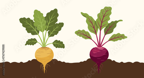 Two beet plants, one yellow and one red, growing in rich brown soil.