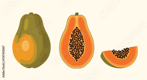 Whole papaya, half papaya and a slice of papaya with seeds on a cream background.