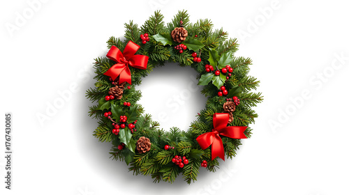 Traditional Christmas Wreath Decorated with Pine Cones, Red Berries, and Green Foliage Isolated on White Background