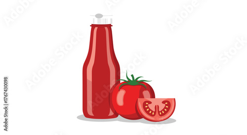 Illustration of a red ketchup bottle next to a whole tomato and a slice of tomato and a ketchup packet.