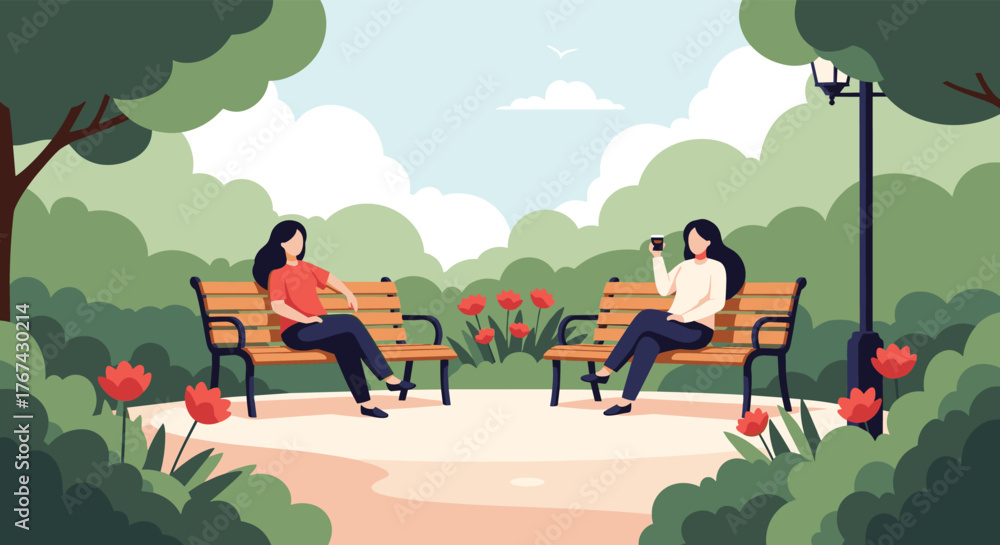 Fototapeta premium Two women sit on park benches with social distancing in a park with trees and flowers.