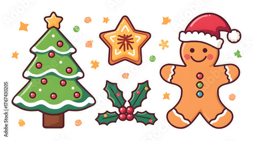 Cute Cartoon Christmas Gingerbread Cookies Set Featuring Tree, Star, and Smiling Man with Santa Hat on White Background