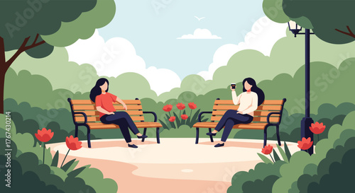 Two women sit on park benches with social distancing in a park with trees and flowers.
