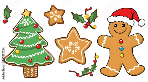 Cute Cartoon Christmas Gingerbread Cookies Set Featuring Tree, Star, and Smiling Man with Santa Hat on White Background