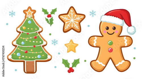 Cute Cartoon Christmas Gingerbread Cookies Set Featuring Tree, Star, and Smiling Man with Santa Hat on White Background