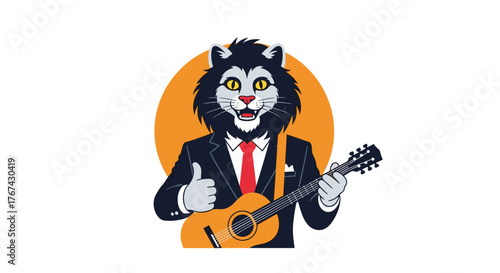 Cartoon anthropomorphic cat in a suit gives a thumbs-up while playing a ukulele.
