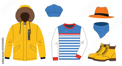 Collection of warm winter clothing and accessories for outdoor adventures.