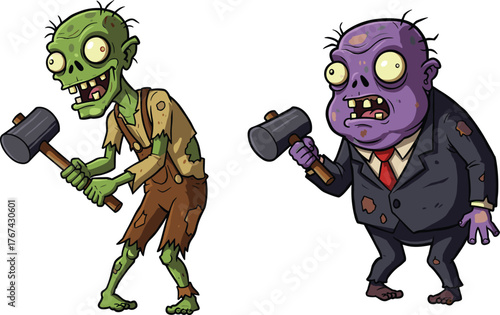 Cartoon zombies with hammers, creepy undead monsters, horror illustration, Halloween artwork, scary characters, spooky design, comic style, fantasy drawing