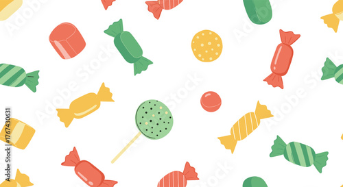 A colorful assortment of candies and lollipops scattered across a white background.