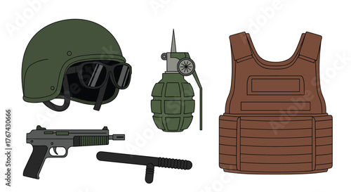 Collection of tactical gear including a helmet, sunglasses, handgun, baton, grenade, and bulletproof vest.