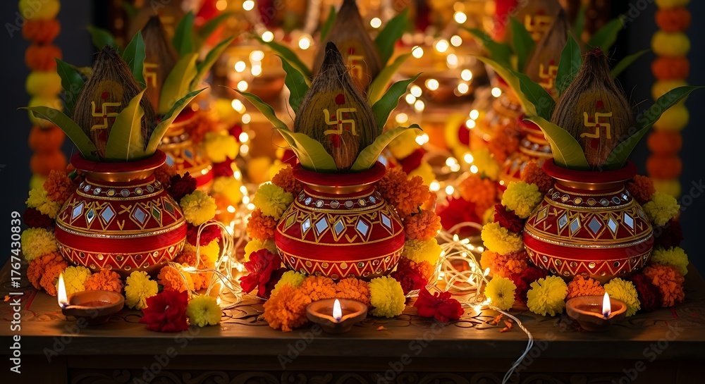Fototapeta premium Celebrating Hindu festival tradition with Kalash pots and lights decoration