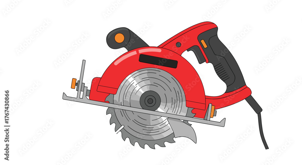Fototapeta premium Red and black circular saw tool with a sharp blade for cutting wood.