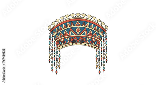 Tribal headdress with beaded fringe and geometric patterns.