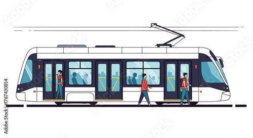 Modern white tram with passengers disembarking and boarding on a clear white background.