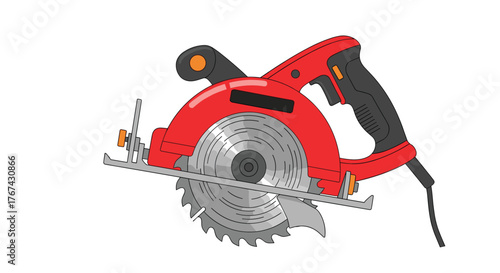 Red and black circular saw tool with a sharp blade for cutting wood.