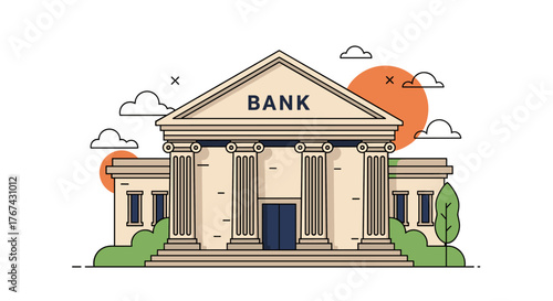 Classic Bank Building Facade with Columns and Sun.