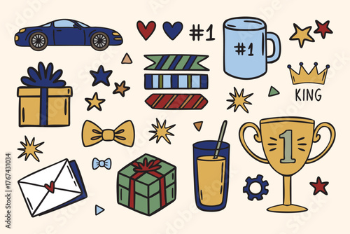 Classic masculine icon set with sports car bow tie gifts trophy mug lemon crown heart letter