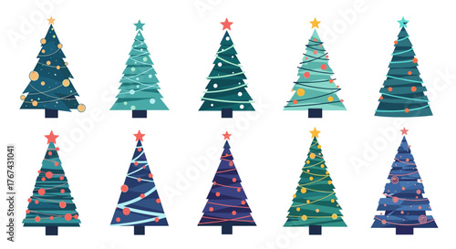 Collection of ten decorated Christmas trees in various colors and styles.