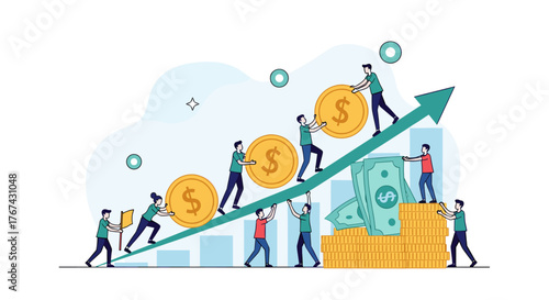 Business growth concept with people climbing up arrow graph with coins.