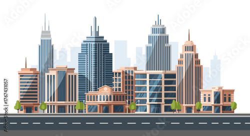 Modern Cityscape with Tall Buildings and Road.